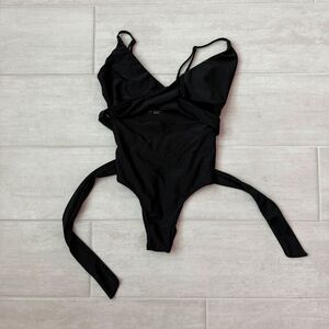 Aerie Wrap Full Coverage One Piece Swimsuit Black V Neck Strappy Beach Chic Boho